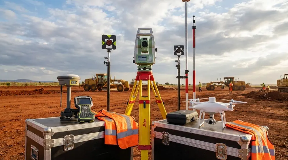 Survey equipment, GNSS receiver, total station and drone prepared for fieldwork