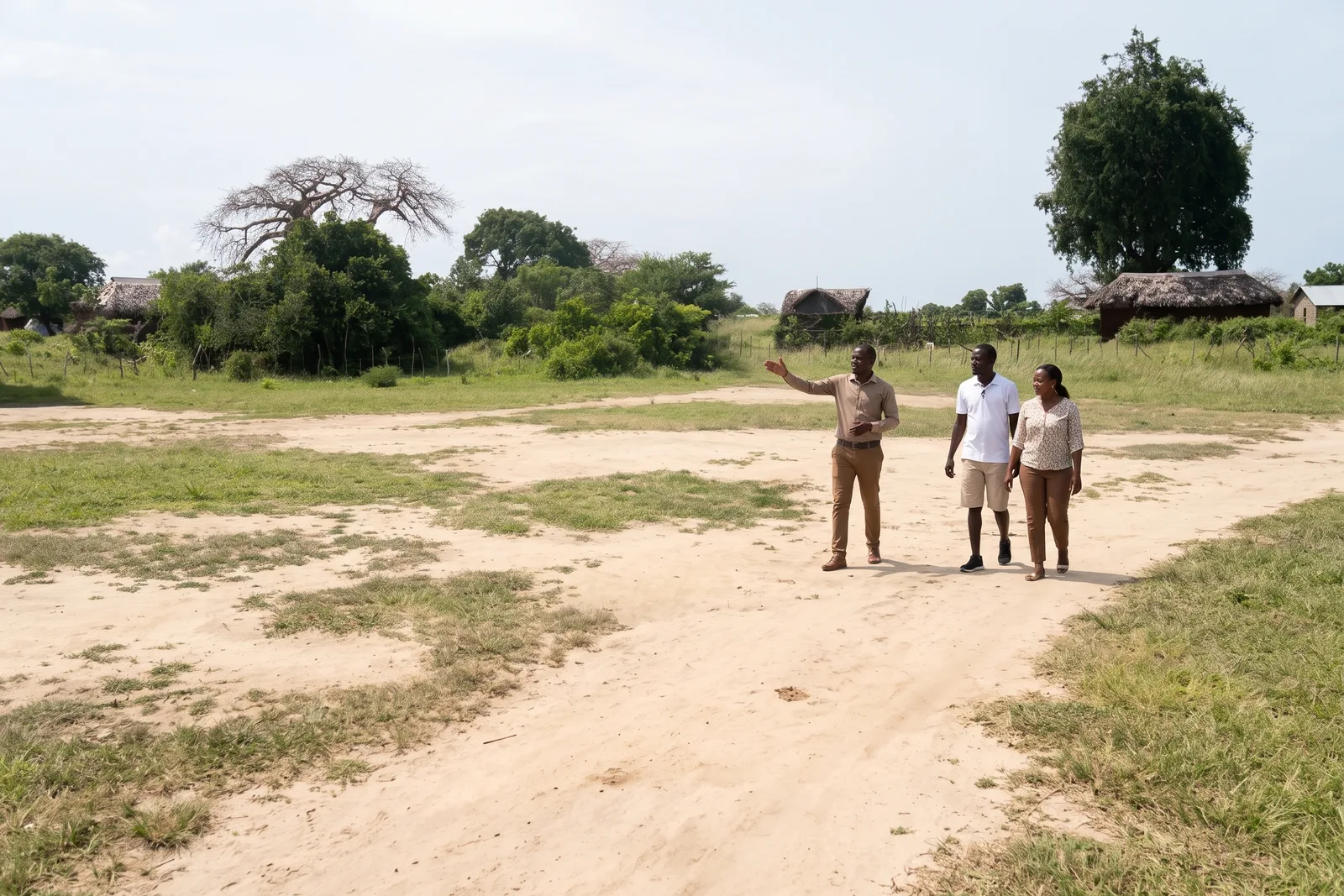 Prospective buyers walking the Mambrui 234 plots with a Walterland property adviser near Sabaki, Kilifi County