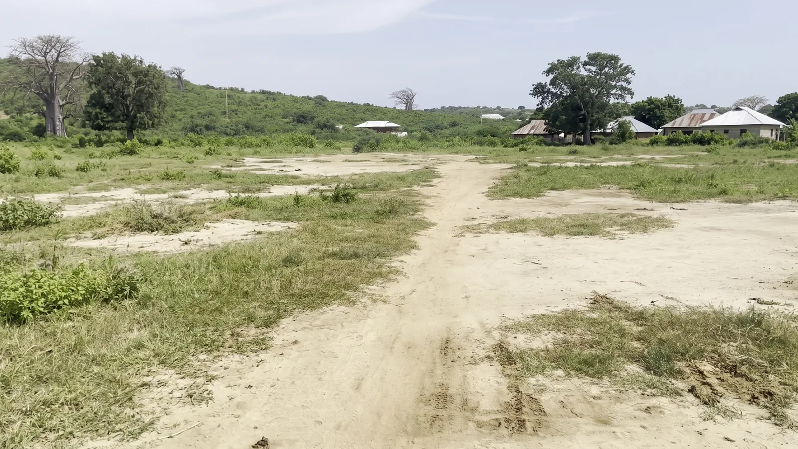 Pale sandy track crossing open plots and low coastal vegetation at Mambrui 234 near Sabaki