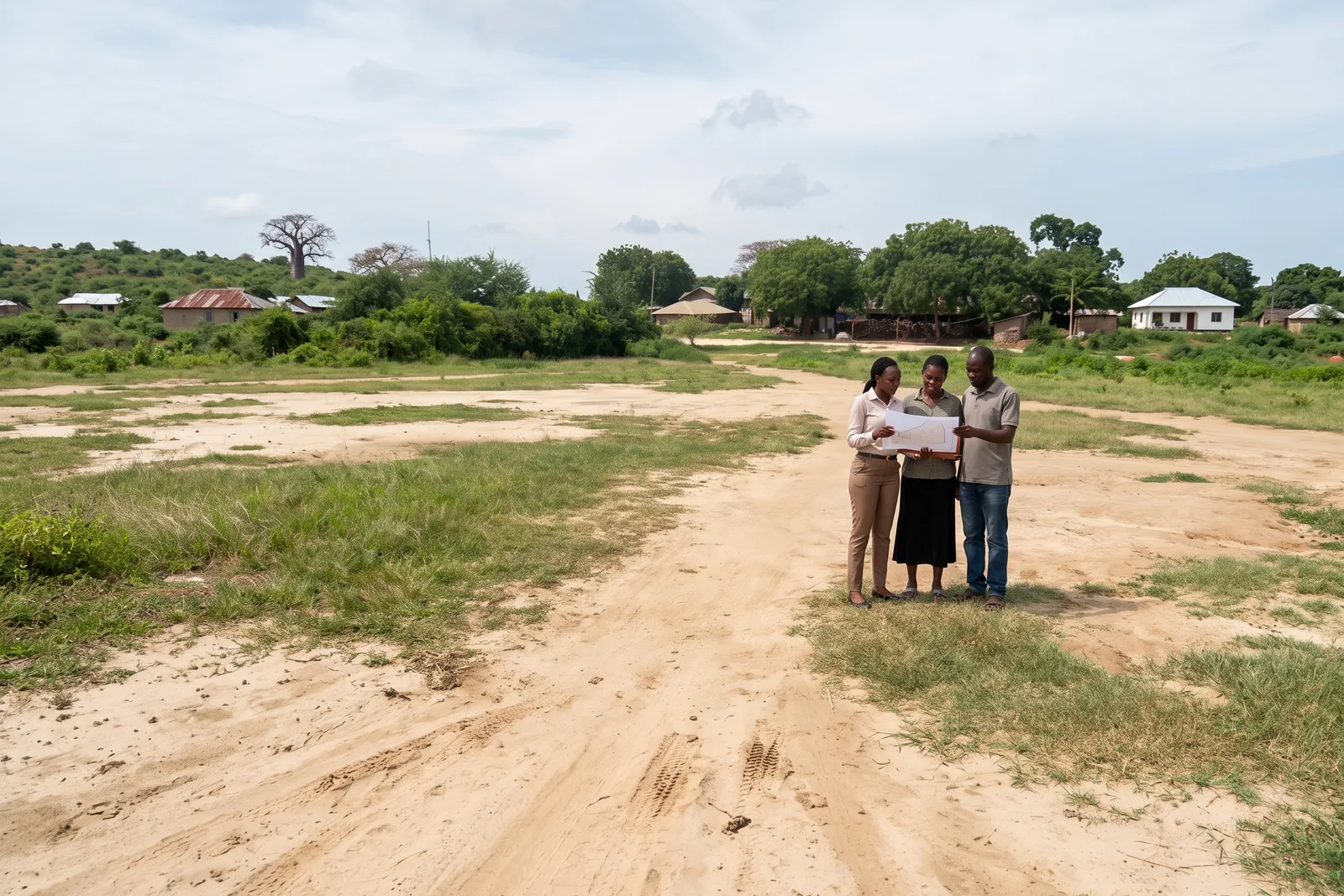 A Walterland property adviser reviewing the Mambrui 234 plot plan with prospective buyers during a site visit near Malindi
