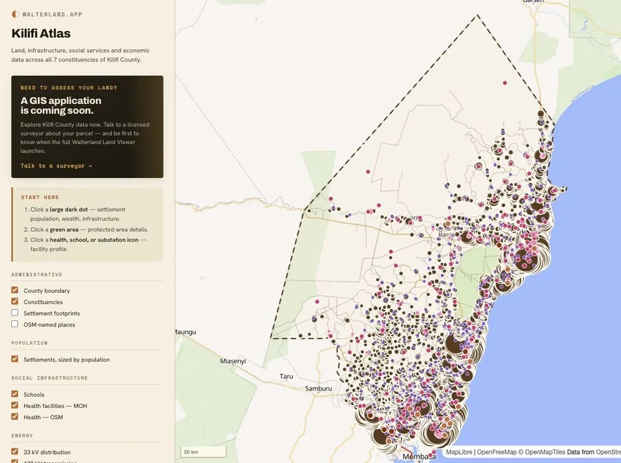 Walterland Land Viewer showing Kilifi County GIS layers and infrastructure data