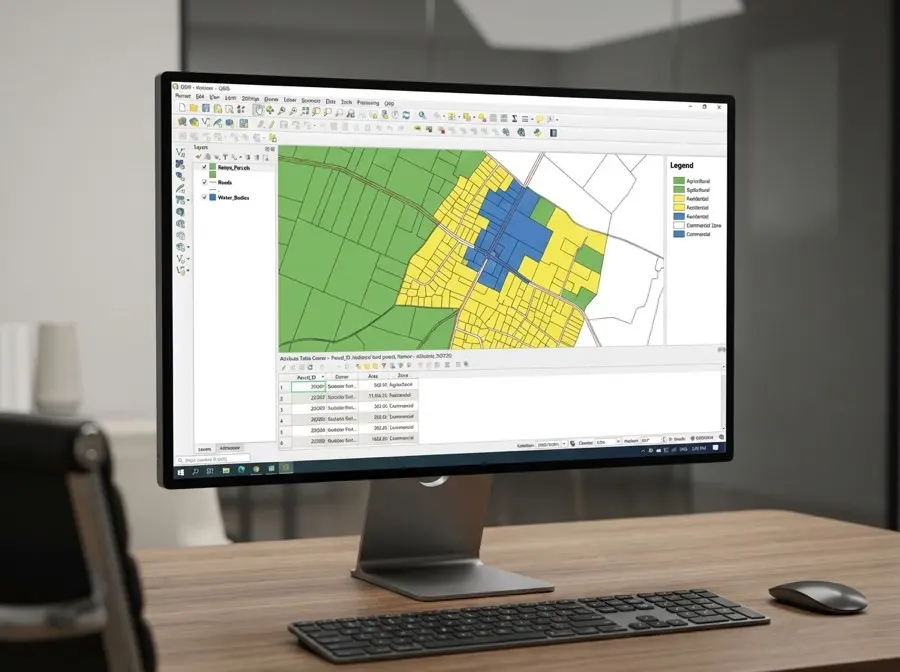 GIS specialist reviewing cadastral maps and spatial land data in Kenya