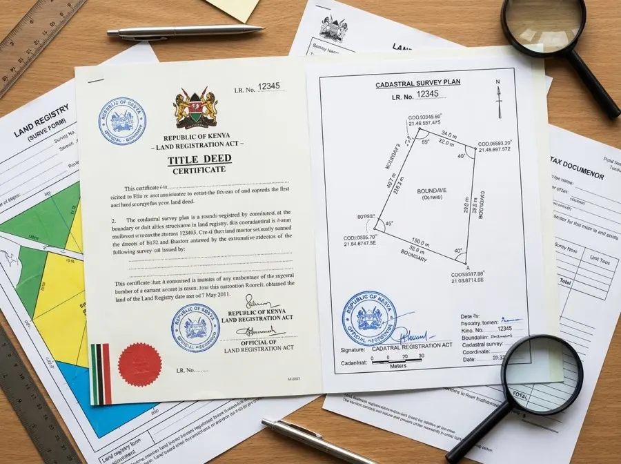 Kenya land title deed and cadastral documents for boundary verification