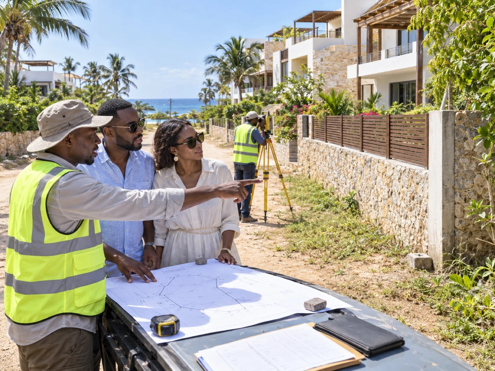 A Kenyan surveyor explains a deed plan to prospective buyers while a field team checks the boundary of coastal condominium holiday homes