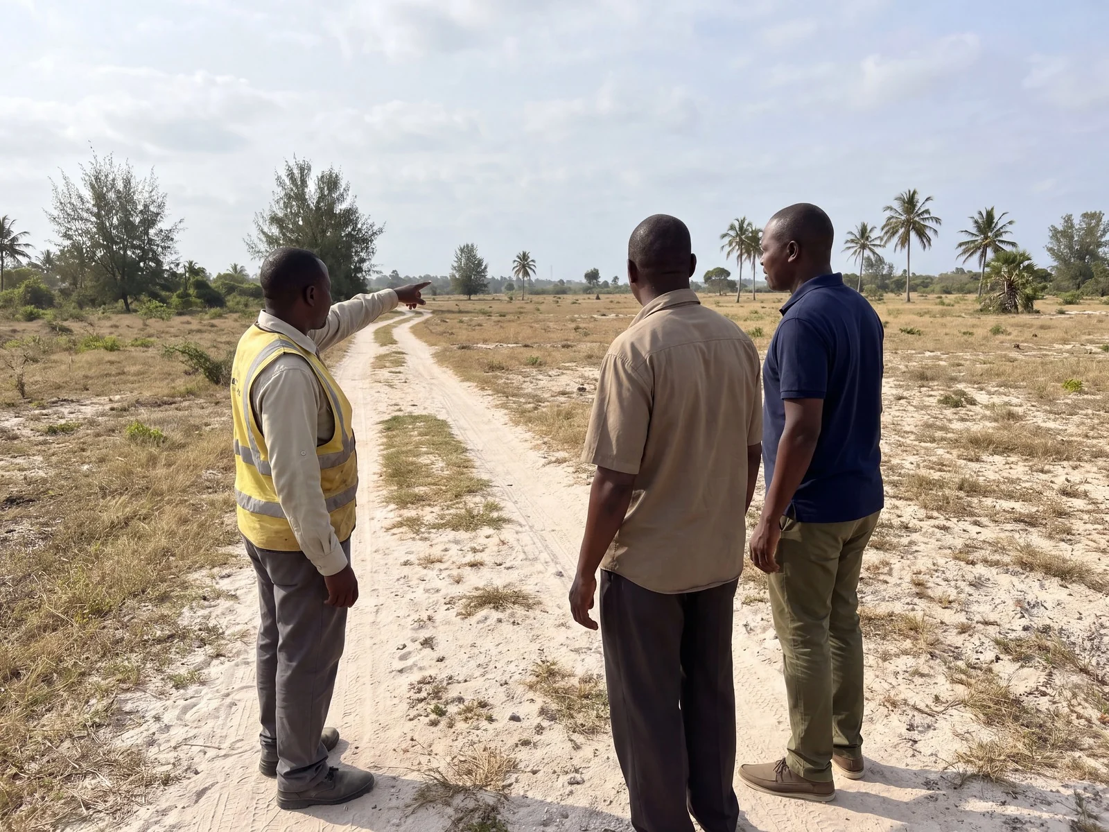 Kenyan land surveyor, landowner and prospective buyer looking across a coastal parent parcel while reviewing its future subdivision and access