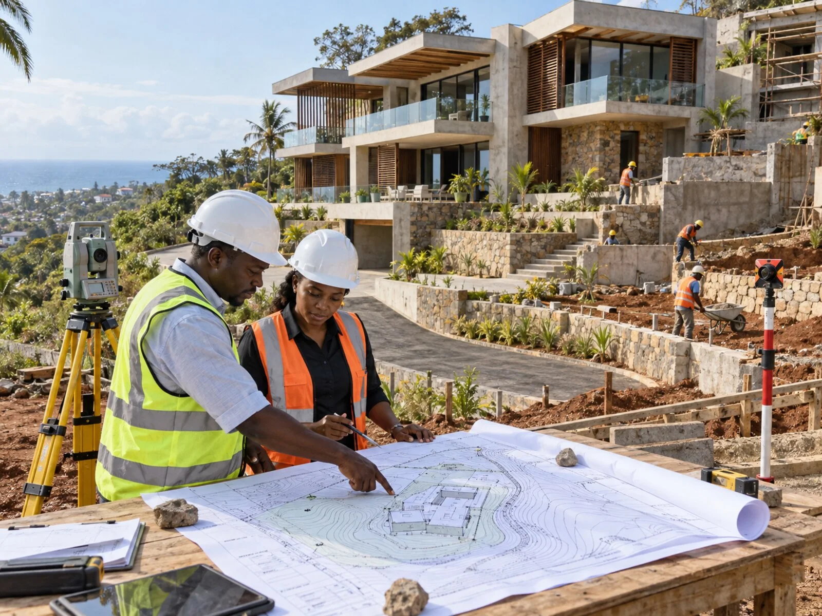 A Kenyan surveyor and architect study a contour plan while a refined multilevel home is built to follow the sloping site